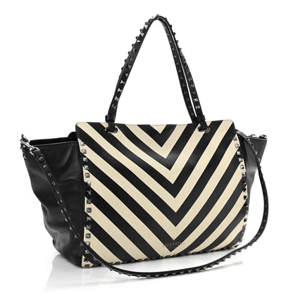 Valentino Garavani Calfskin Chevron Medium Rockstud Tote Light Ivory Black 3 of 14