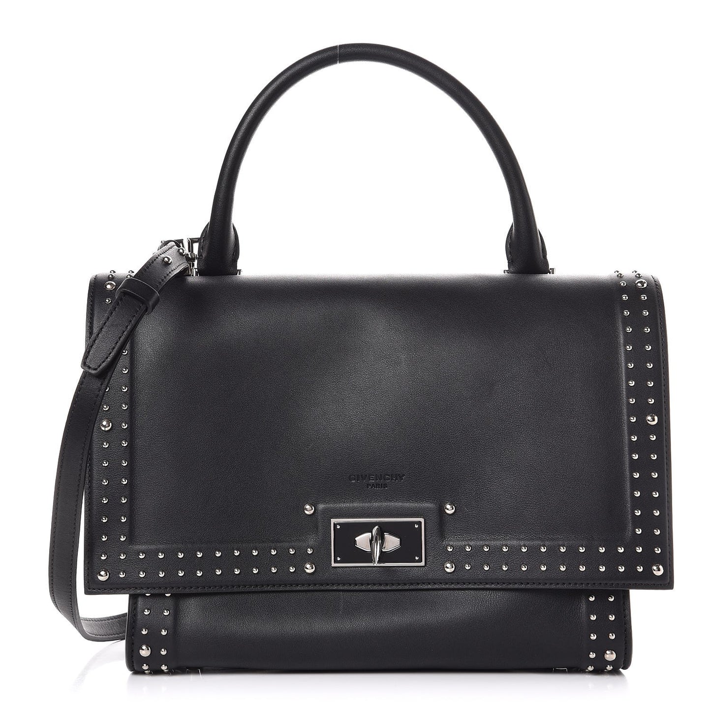 Grained Calfskin Studded Small Shark Lock Satchel Black