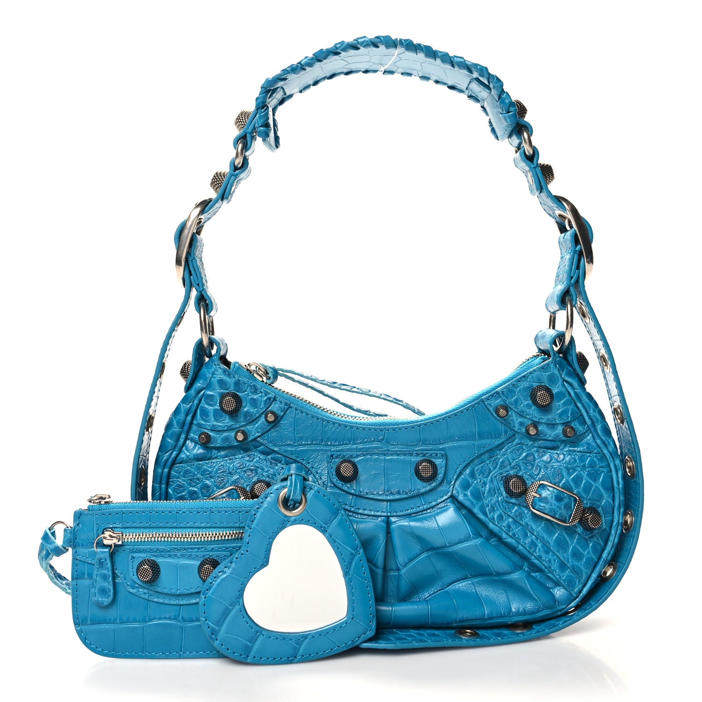 Extra Supple Calfskin Crocodile Embossed Le Cagole Shoulder Bag XS Turquoise