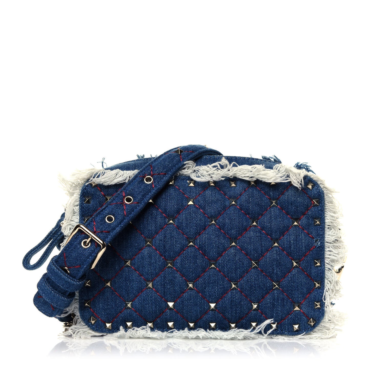 Denim Fringe Rockstud Spike Camera Crossbody Bag Blue