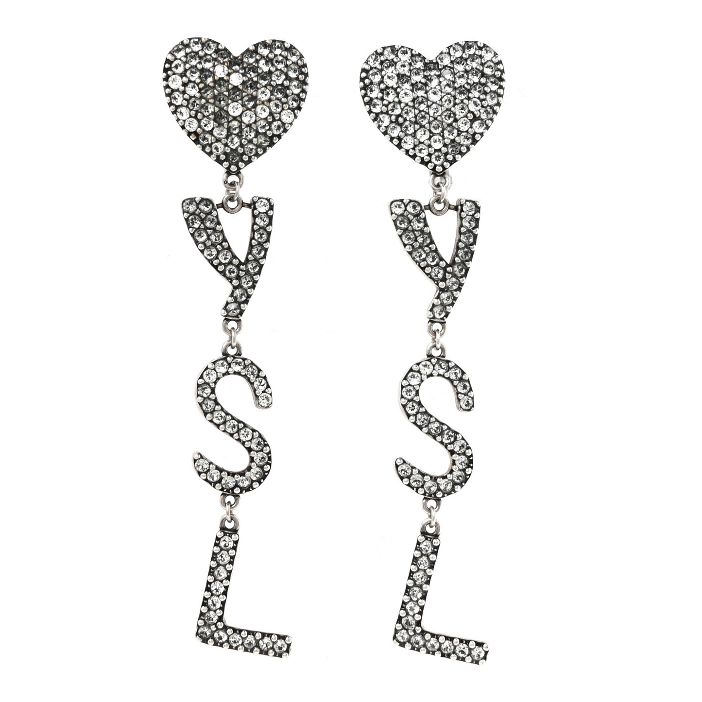 Brass Crystal Monogram Heart Drop Clip Earrings Silver