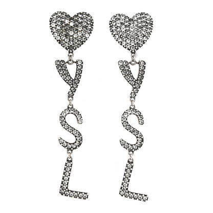 Saint Laurent Brass Crystal Monogram Heart Drop Clip Earrings Silver 1 of 5