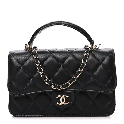 Lambskin Quilted Flap Phone Holder With Chain Black