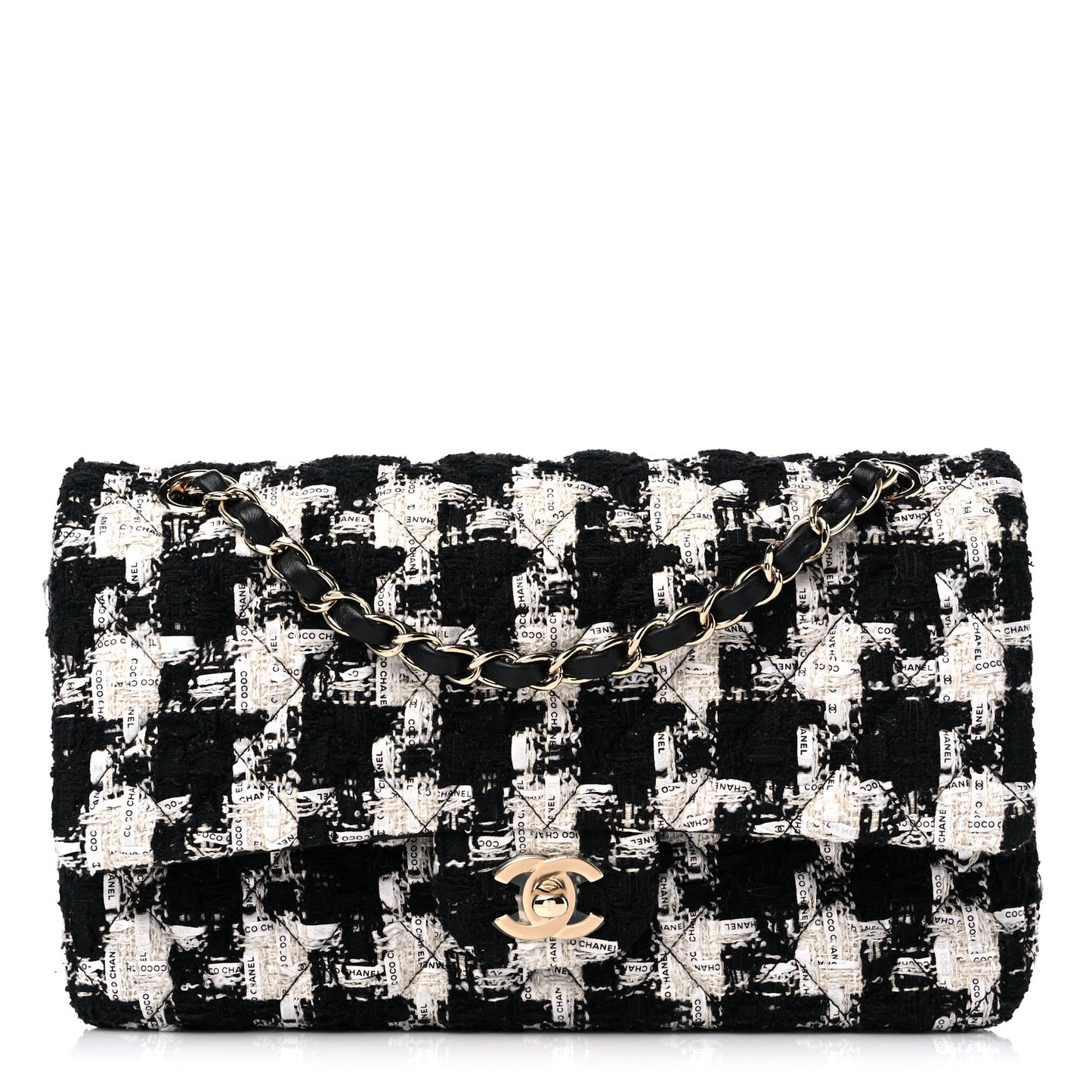 Tweed Quilted Medium Double Flap Black Ecru White