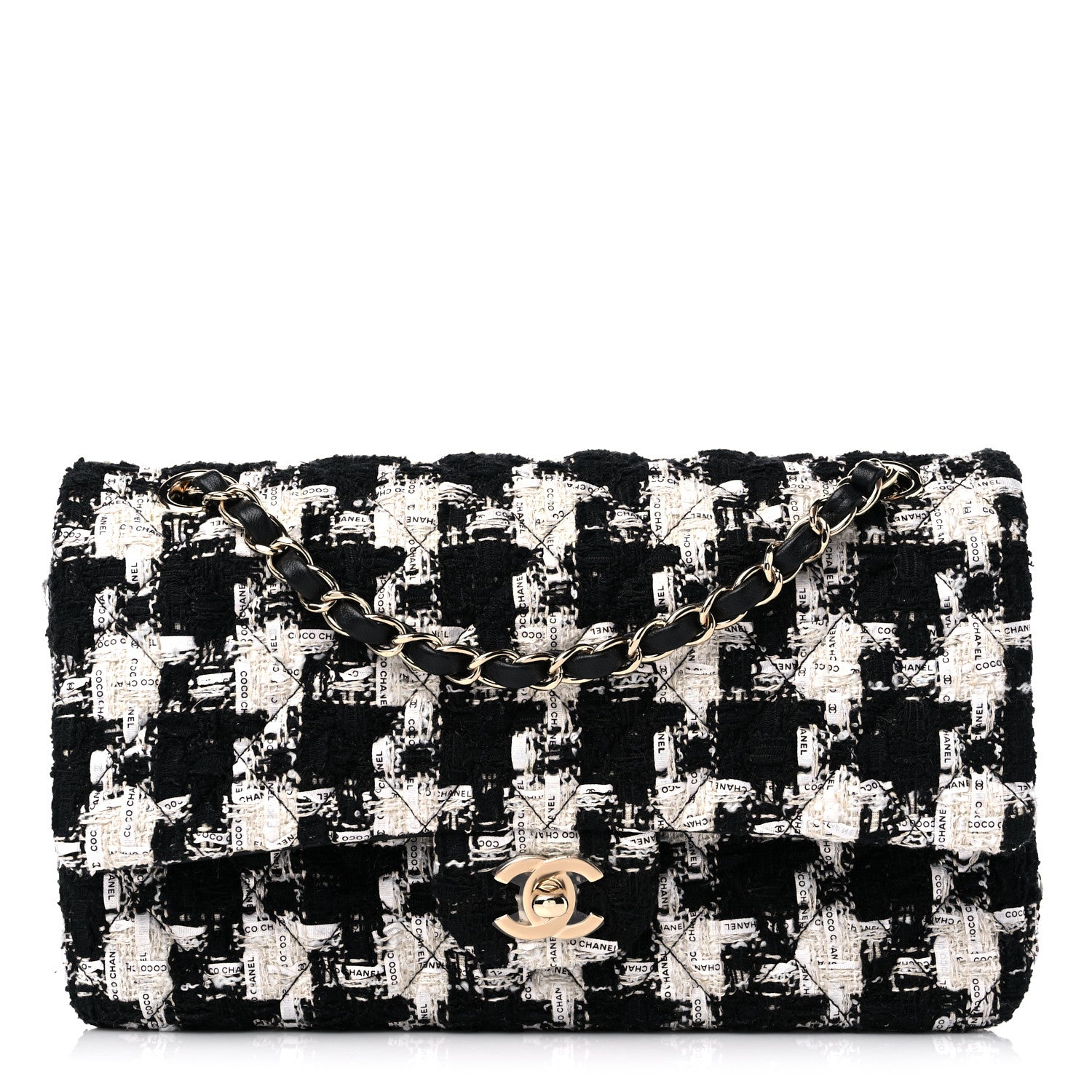 Chanel Tweed Quilted Medium Double Flap Black Ecru White 1 of 9