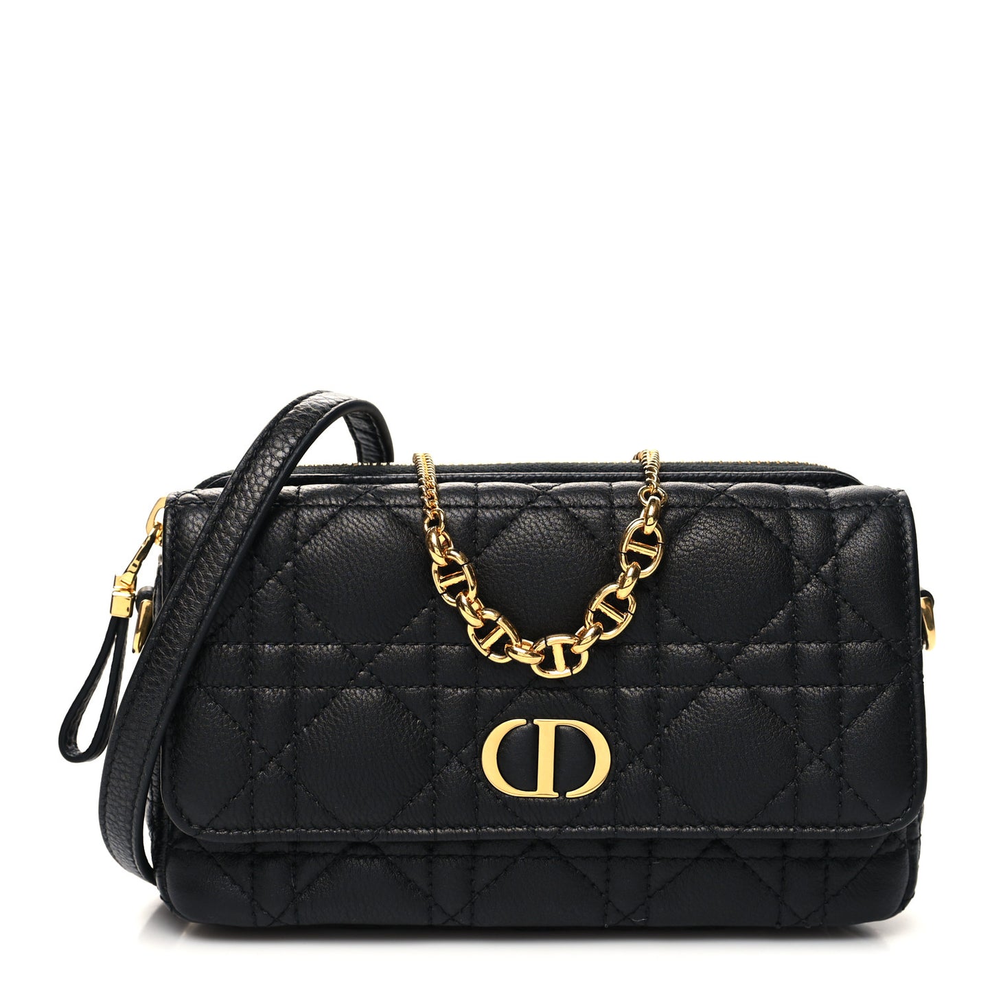 Supple Calfskin Cannage Caro Pouch with Chain Black
