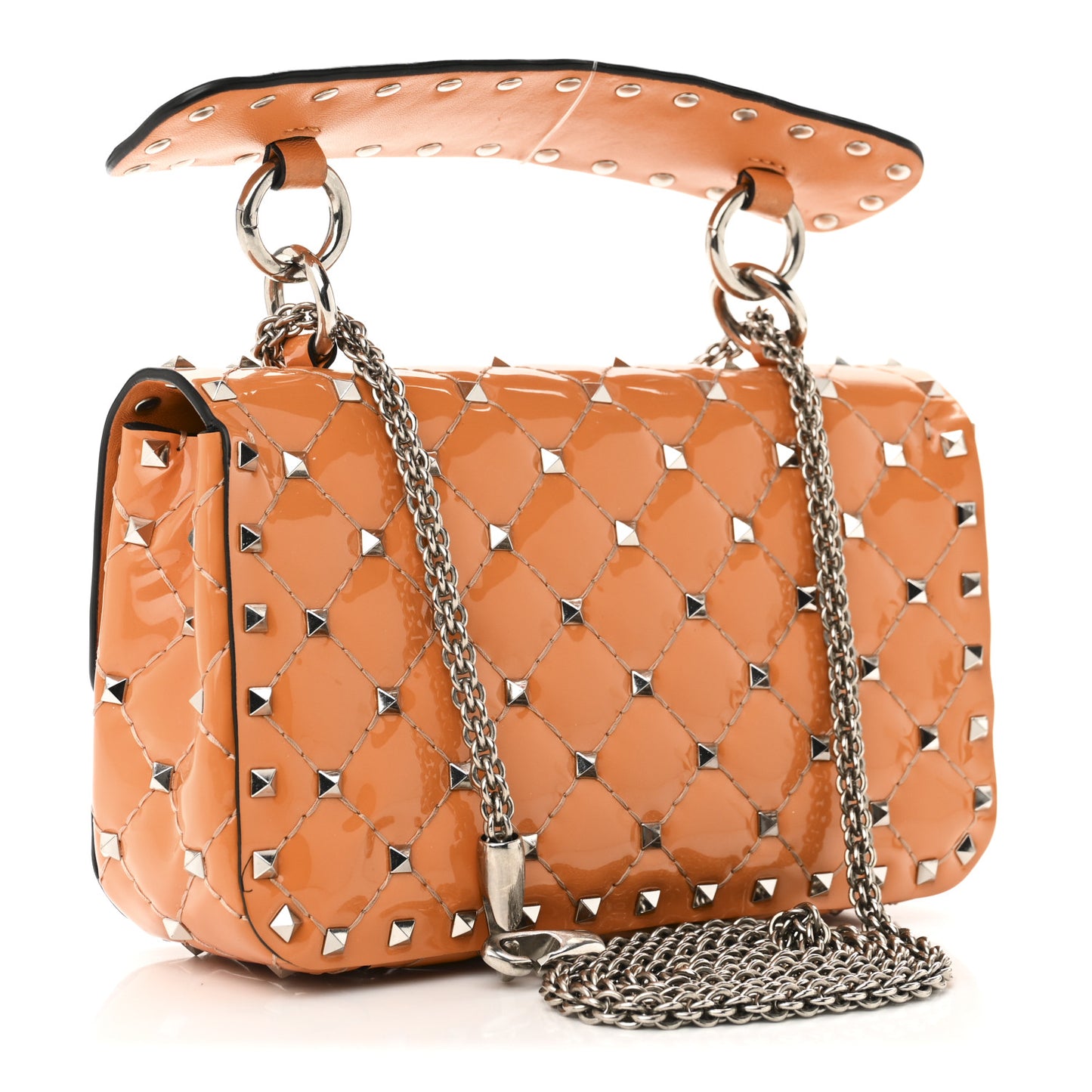 Patent Small Rockstud Spike Shoulder Bag Orange