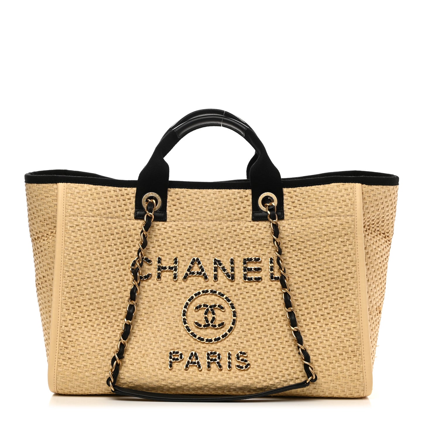 Straw Raffia Calfskin Chain Medium Deauville Tote Beige Black
