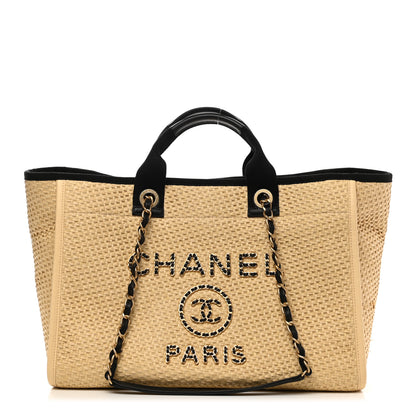 Chanel Straw Raffia Calfskin Chain Medium Deauville Tote Beige Black 1 of 10