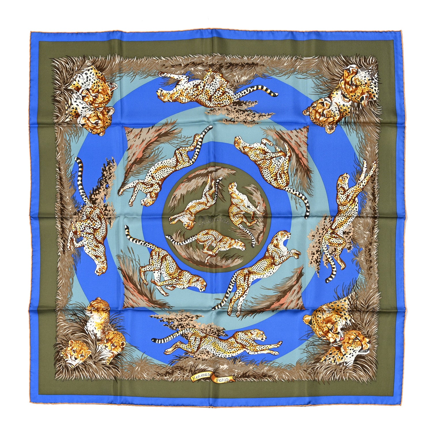 Hermes Silk Guepards Scarf 90 Bleu Roy Kaki Bleu Gris 1 of 5