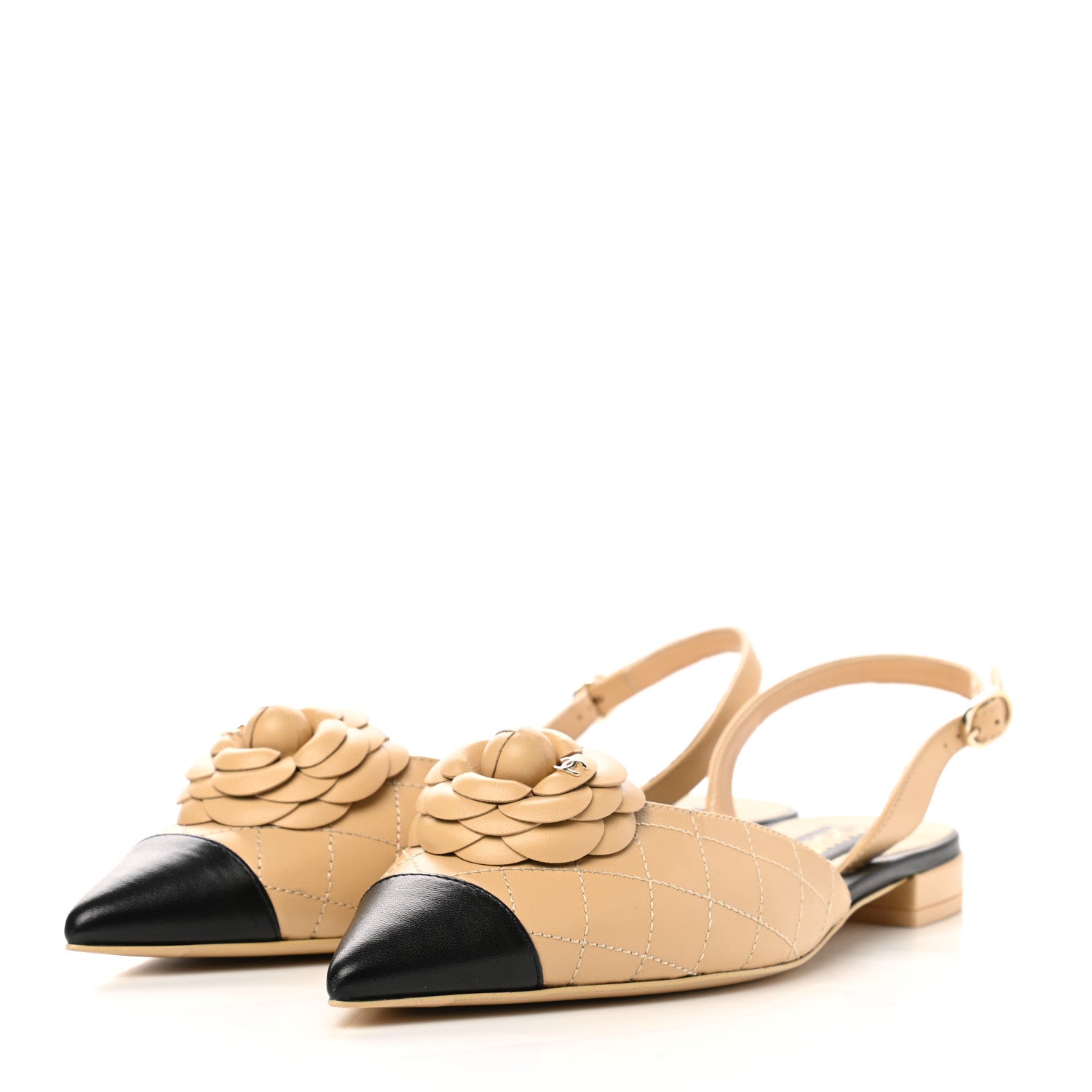 product image of CHANEL Lambskin Stitched Camellia Slingback Flats 40.5 Beige Black FASHIONPHILE