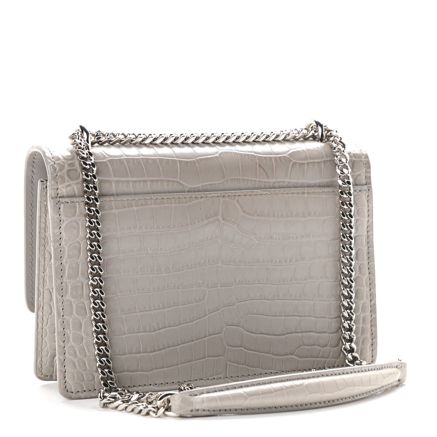 Saint Laurent Calfskin Crocodile Embossed Monogram Sunset Chain Wallet Light Grey 3 of 13