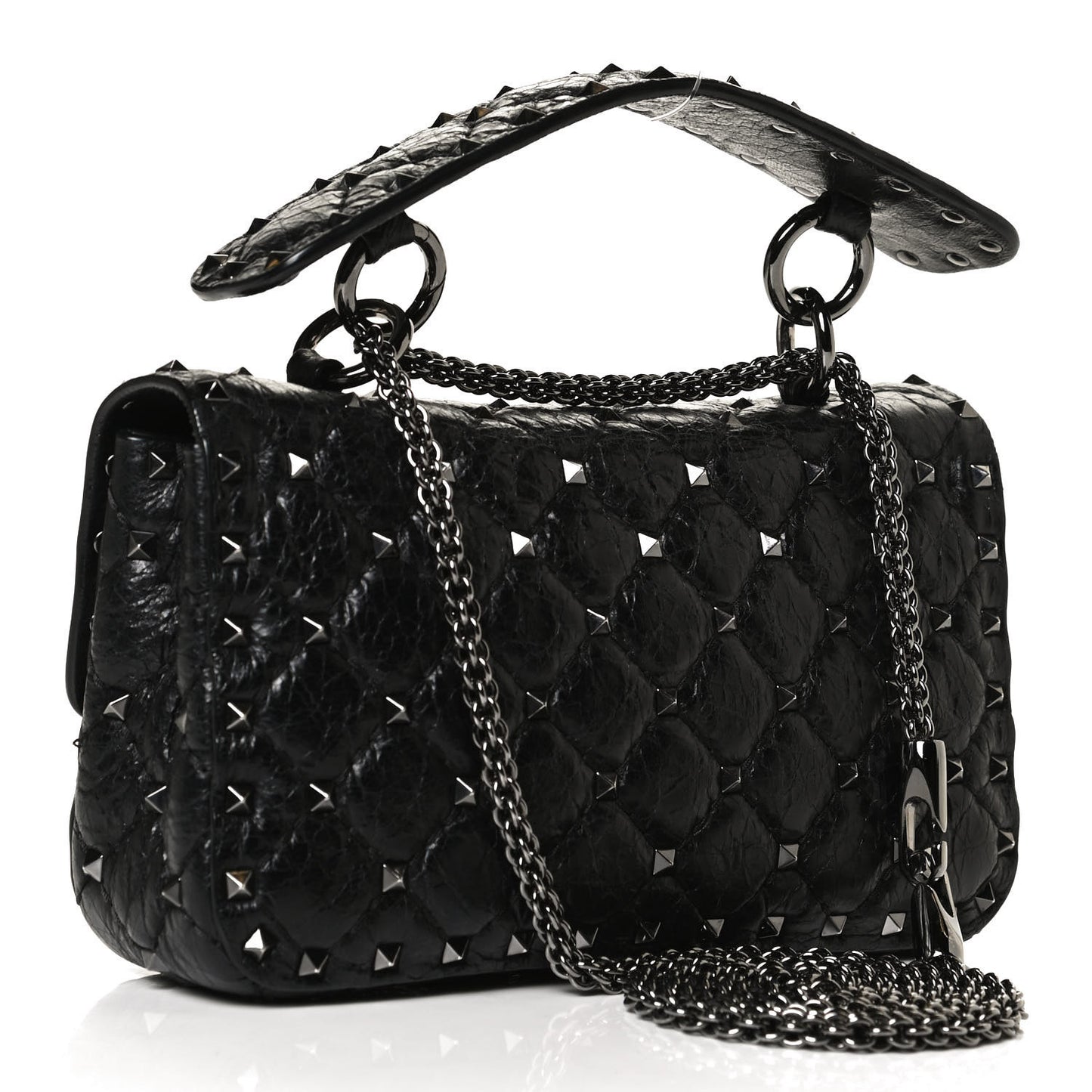 Craquele Nappa Small Rockstud Spike Shoulder Bag Black
