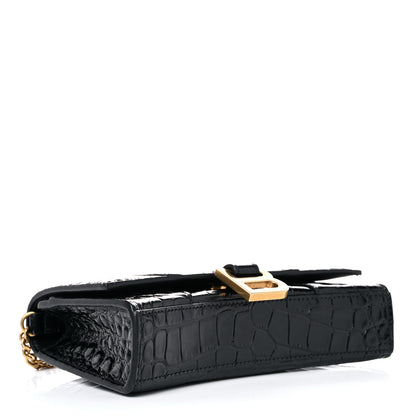 Balenciaga Shiny Calfskin Crocodile Embossed Hourglass Chain Bag Black 3 of 11