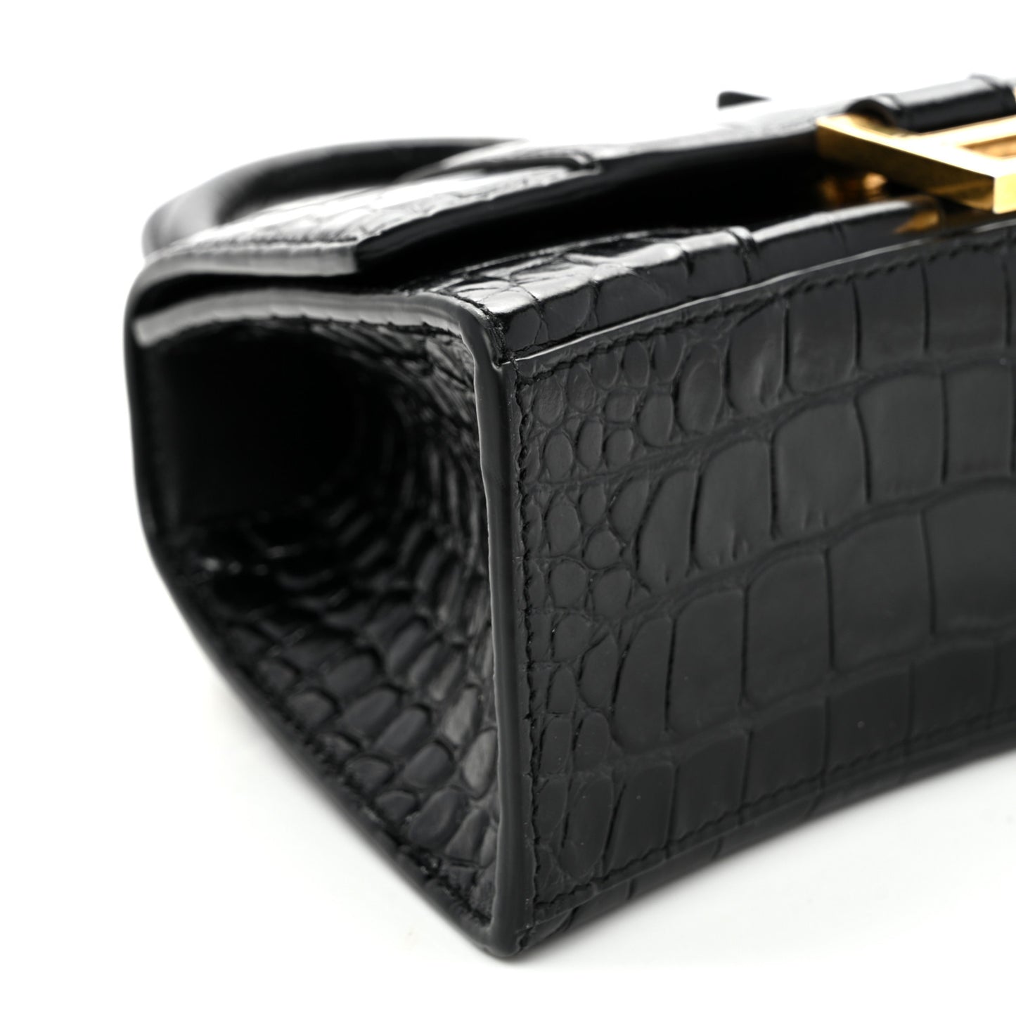 Shiny Calfskin Crocodile Embossed Hourglass Top Handle Bag XS Black