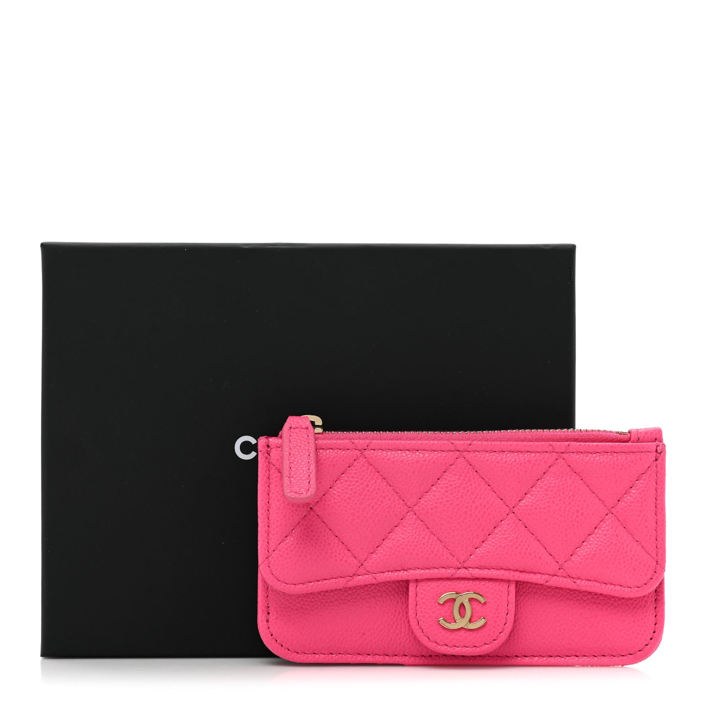 Caviar Quilted Flap Zip Card Holder Dark Pink