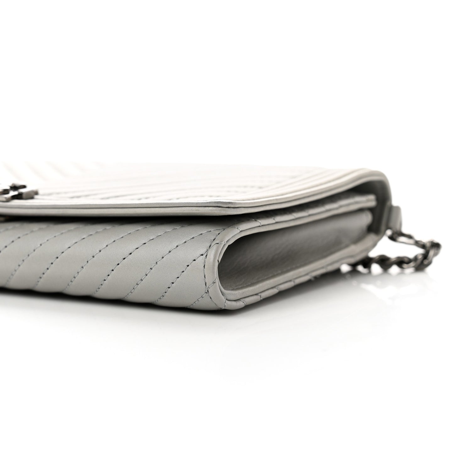 Calfskin Chevron Quilted Boy Wallet On Removable Chain WOC Grey
