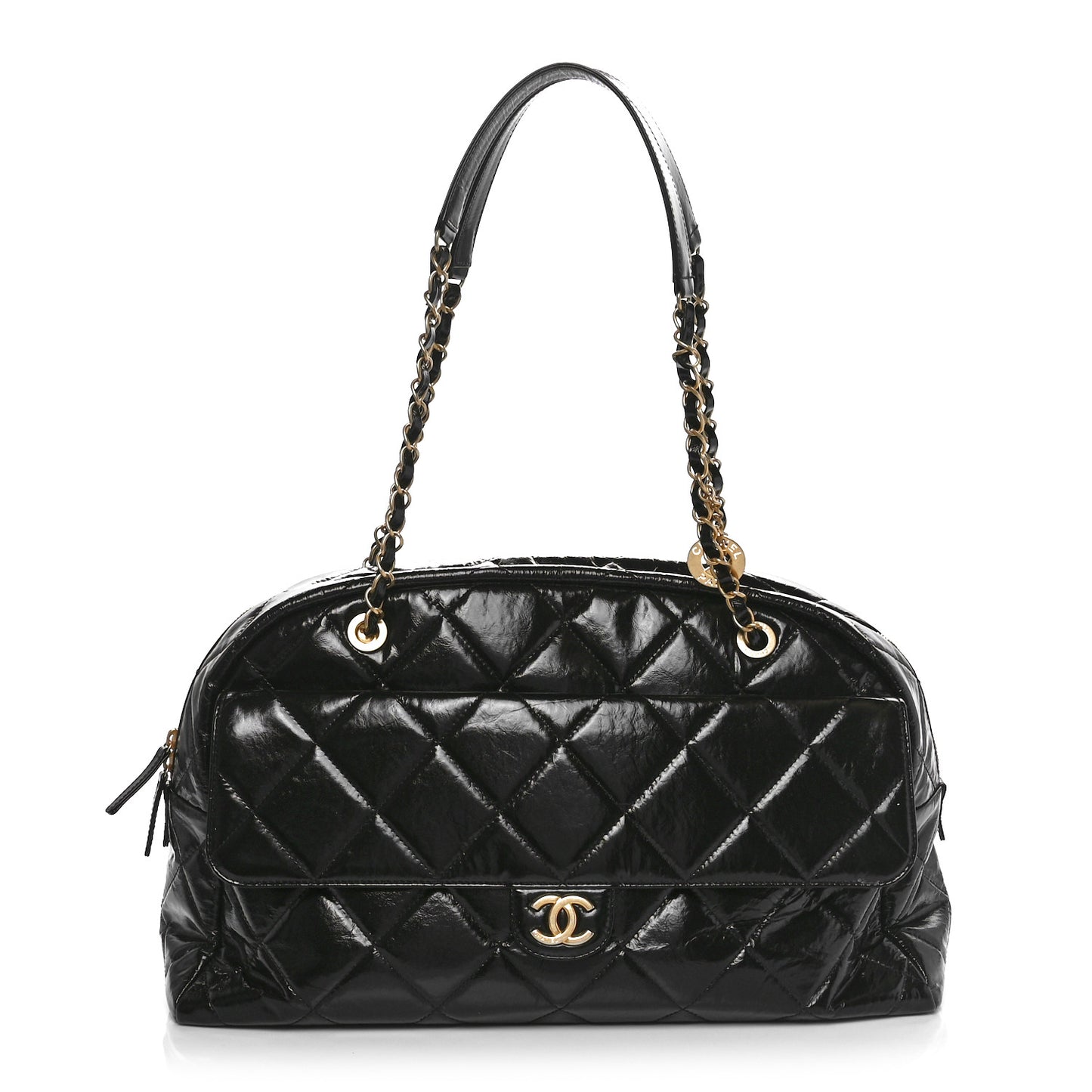 Shiny Crumpled Calfskin Quilted Maxi Bowling Bag Black