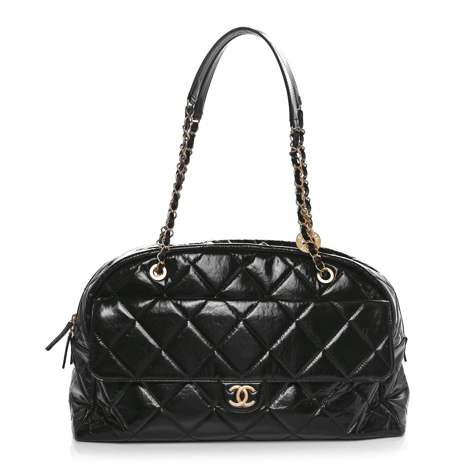 Chanel Shiny Crumpled Calfskin Quilted Maxi Bowling Bag Black 1 of 9