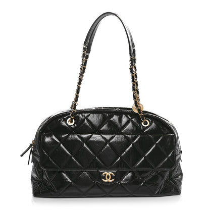 Chanel Shiny Crumpled Calfskin Quilted Maxi Bowling Bag Black 1 of 9