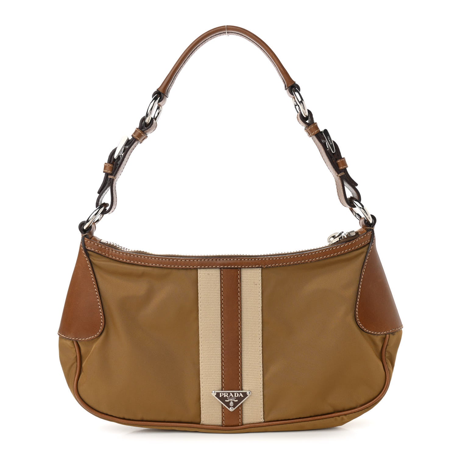Prada Tessuto Nylon Striped Shoulder Bag Brown Beige 1 of 11