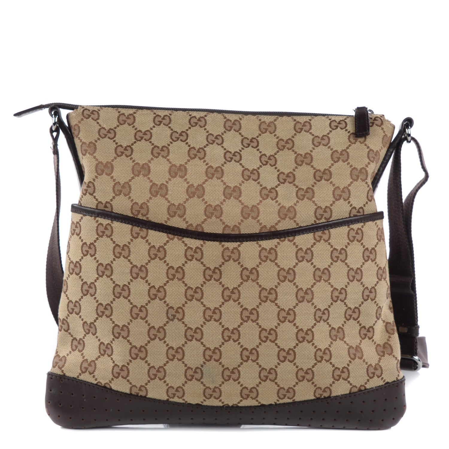 Gucci Monogram Calfskin Perforated Medium Flat Messenger Bag Dark Brown 1 of 8