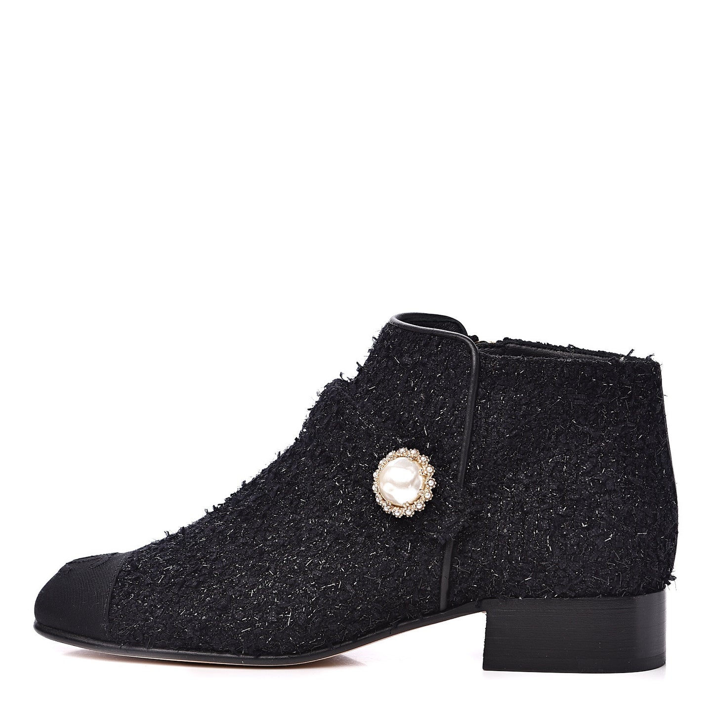 Tweed Grosgrain Pearl Cap Toe CC Short Boots 36 Black