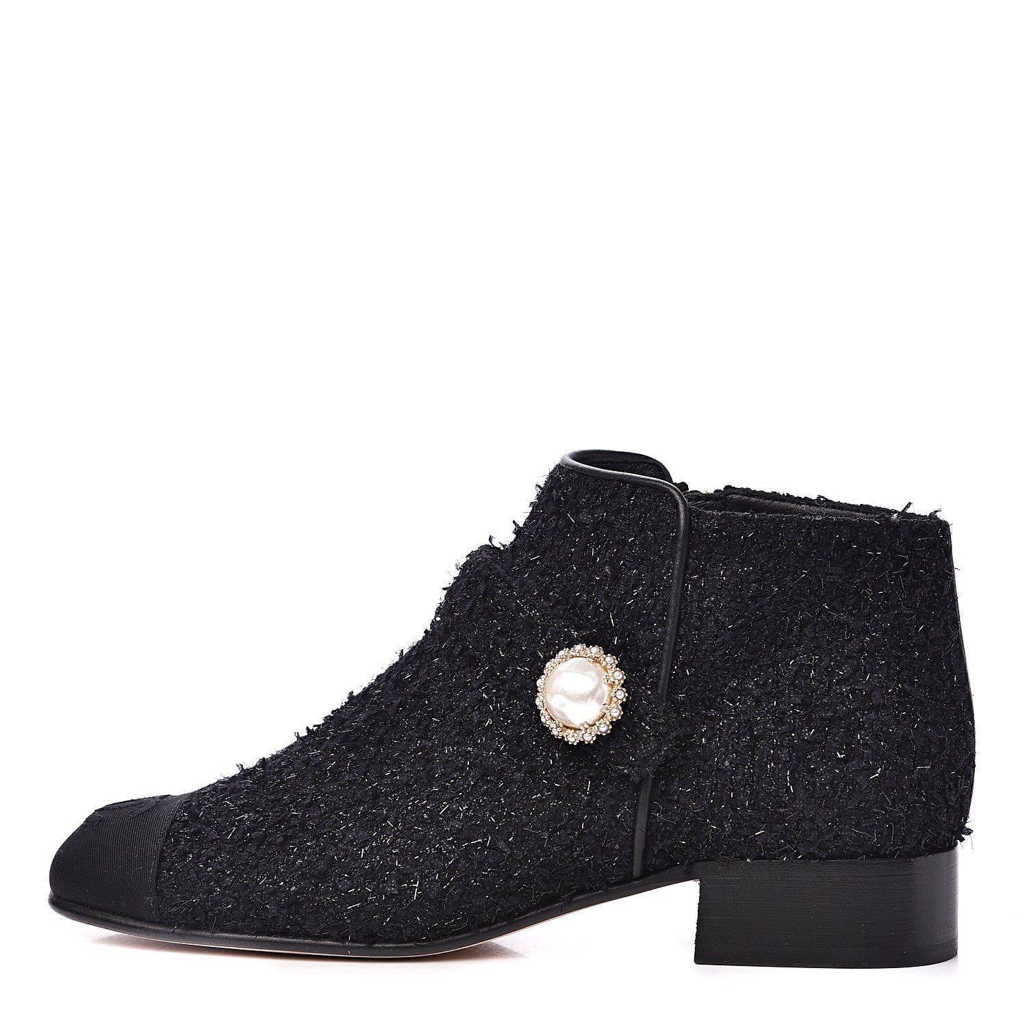 Chanel Tweed Grosgrain Pearl Cap Toe CC Short Boots 36 Black 1 of 10