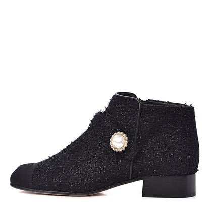 Chanel Tweed Grosgrain Pearl Cap Toe CC Short Boots 36 Black 1 of 10