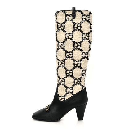 Gucci Tweed GG Monogram Wrinkled Kid Zumi Knee Boots 40 Natural Black 1 of 7