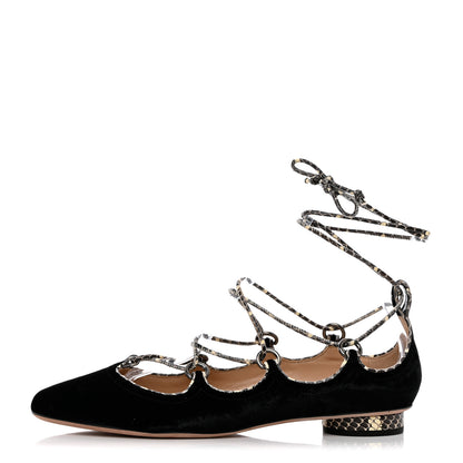 Valentino Garavani Calfskin Snakeskin Embossed Velvet Crossover Ballerina Flats 38 Black Roccia 1 of 9