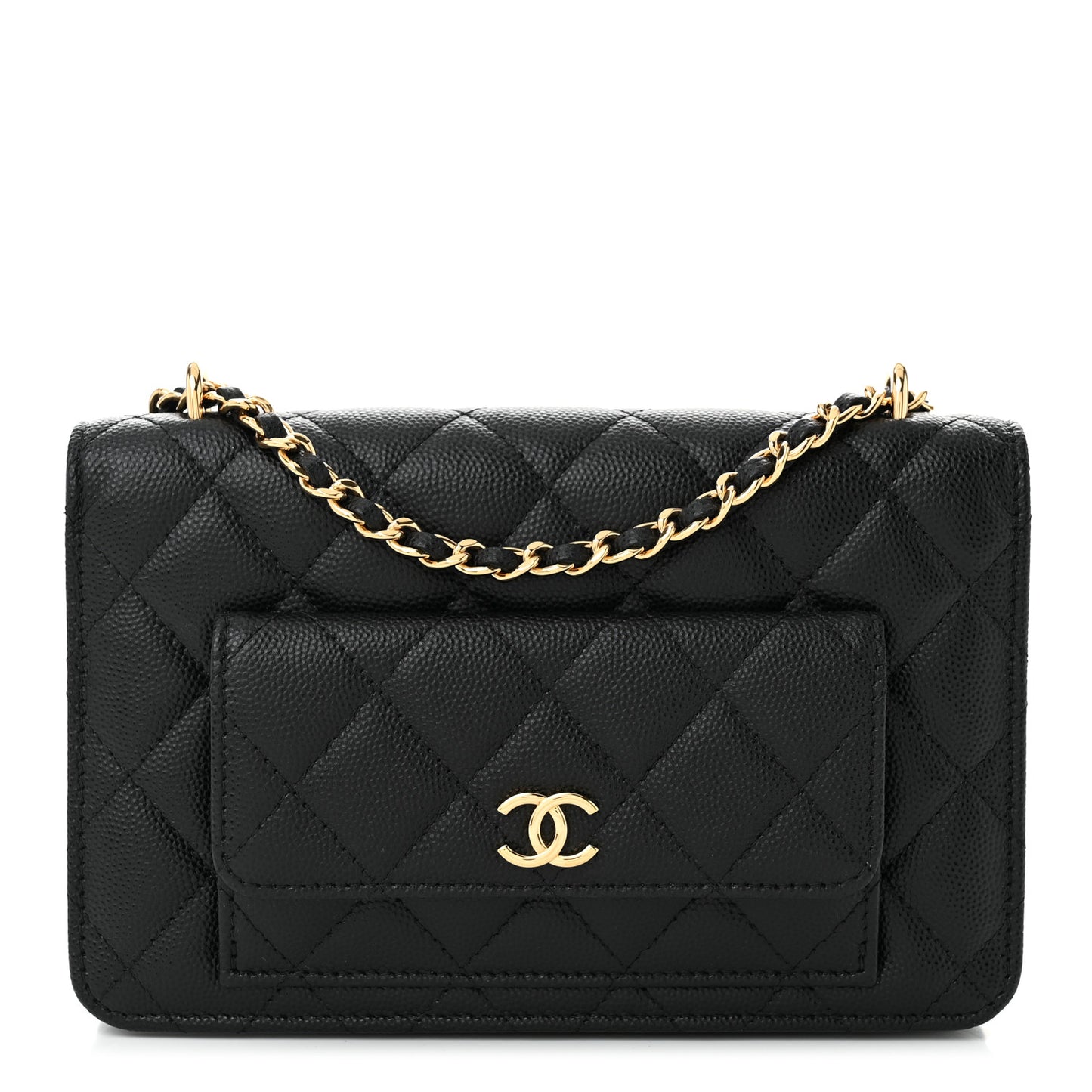 Caviar Quilted Pocket Clutch With Chain WOC Black