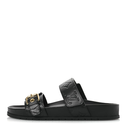 Louis Vuitton Lambskin Embossed Monogram Bom Dia Flat Mule Sandals 38 Black 1 of 13