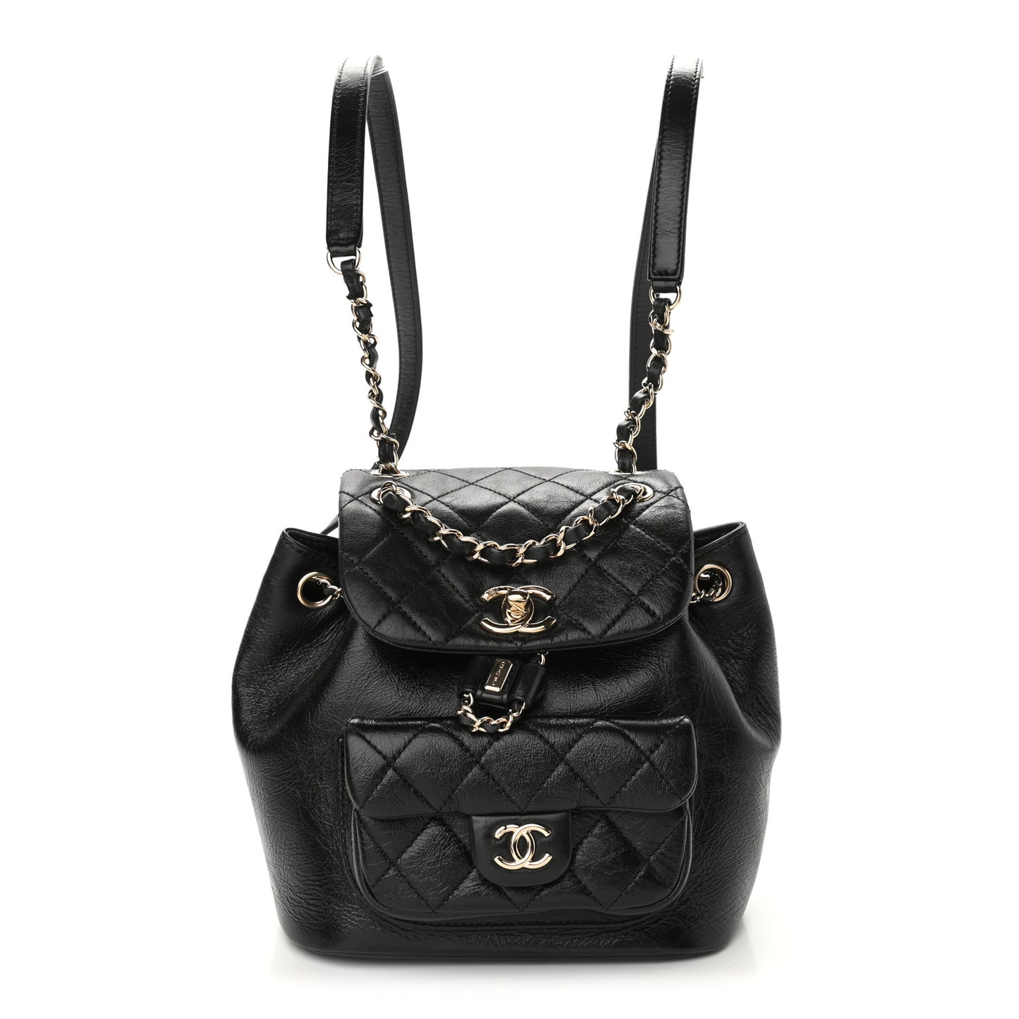 Glazed Aged Calfskin Quilted Small Duma Drawstring Backpack Black