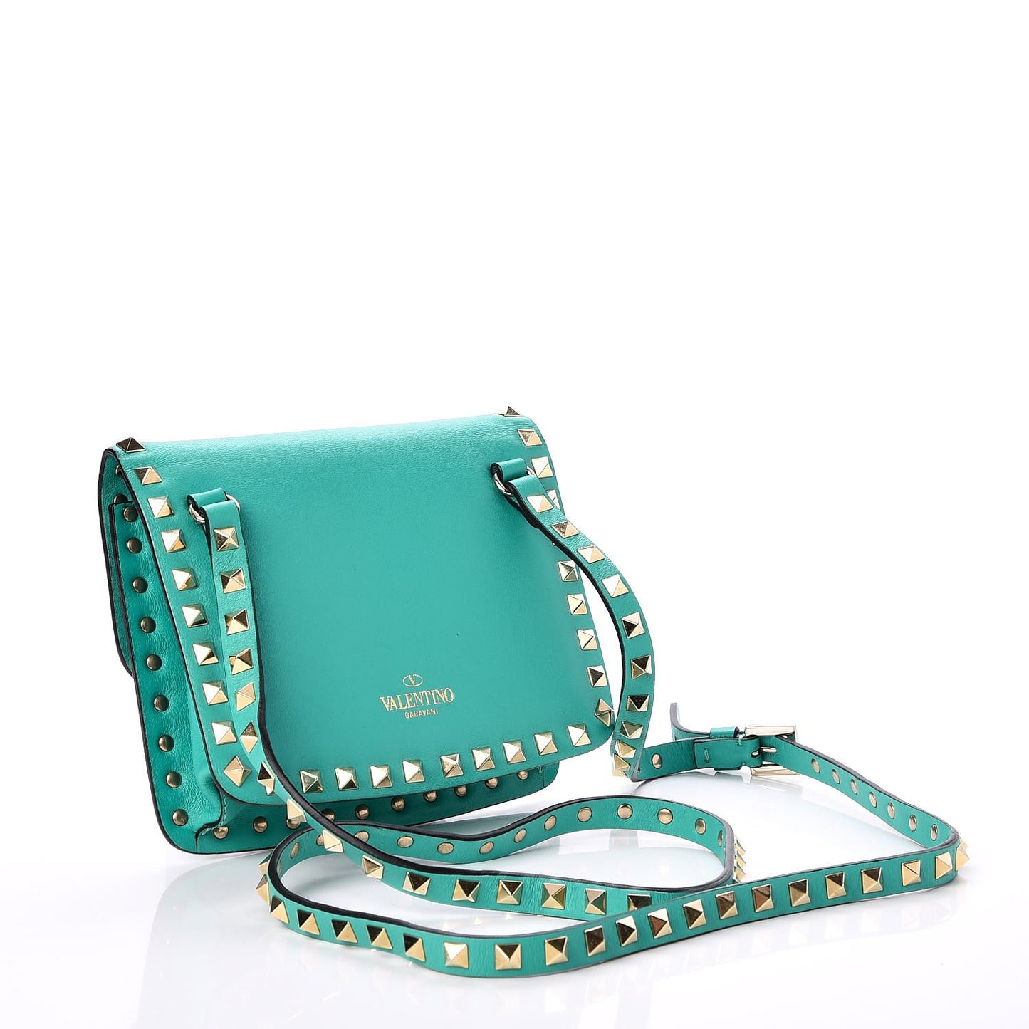 Vitello Small Rockstud Shoulder Flap Messenger Bag Opaline Green