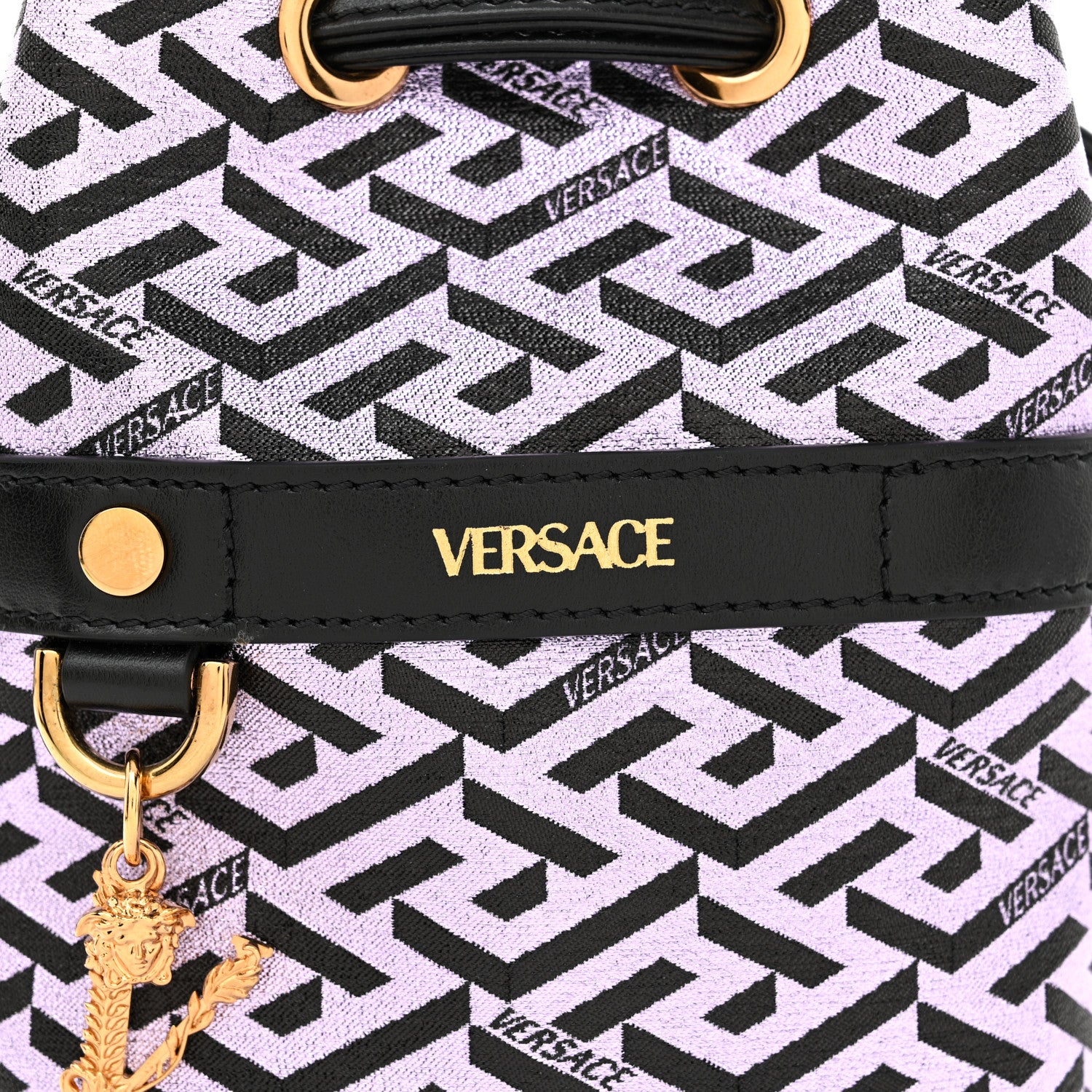 Versace Coated Canvas La Greca Glitter Print Mini Bucket Bag Orchid Black 6 of 9
