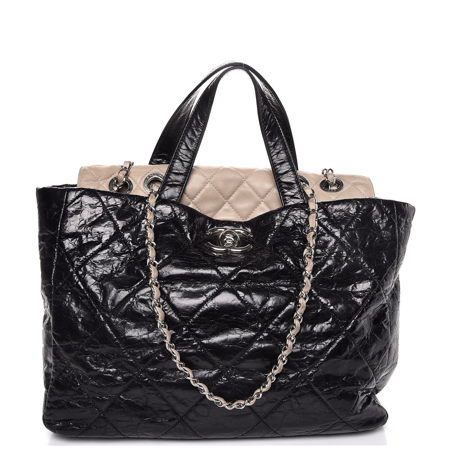 Chanel Glazed Calfskin Lambskin Portobello Tote Black Beige 1 of 9