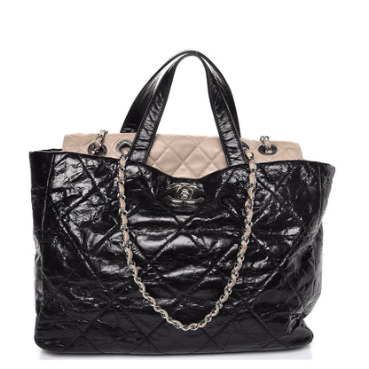 Chanel Glazed Calfskin Lambskin Portobello Tote Black Beige 1 of 9