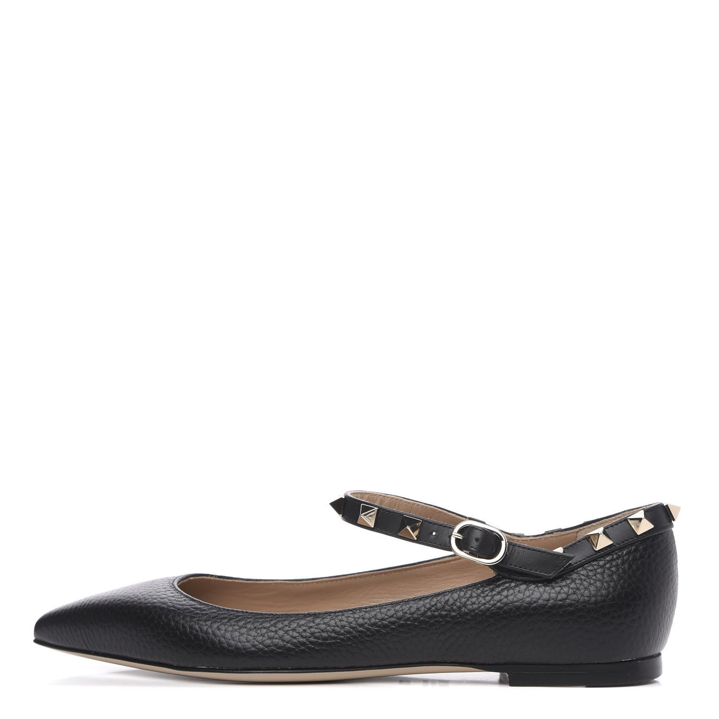 Pebbled Calfskin Rockstud Ankle Strap Ballerina Flats 35.5 Black