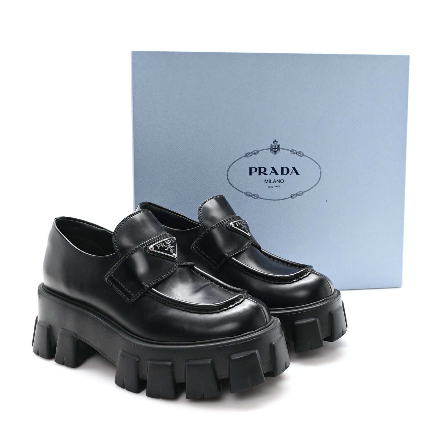 Prada Spazzolato Rois Metal Triangle Logo Monolith 55mm Loafers 38 Black 10 of 10