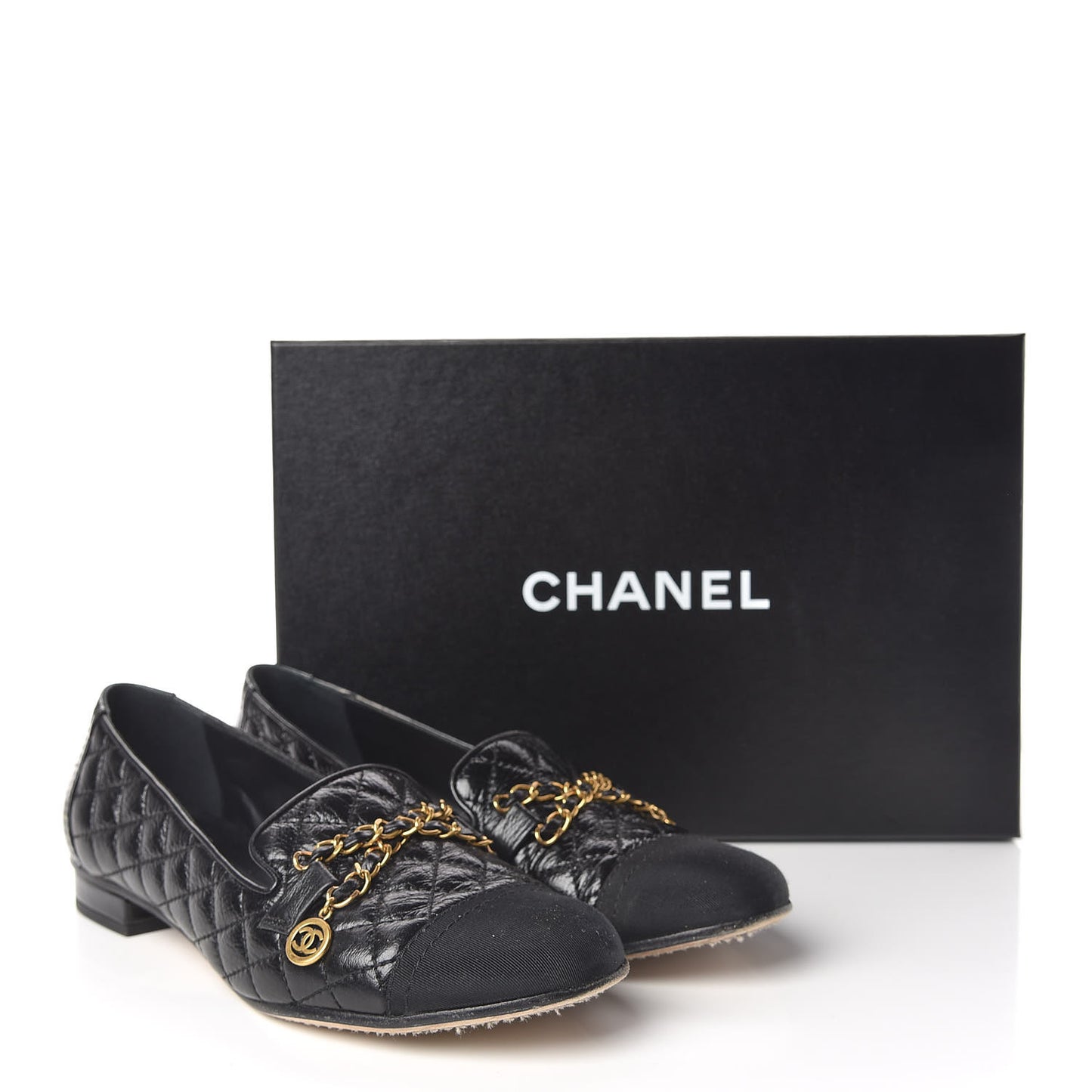 Grosgrain Glazed Lambskin Quilted Chain Loafers 37.5 Black