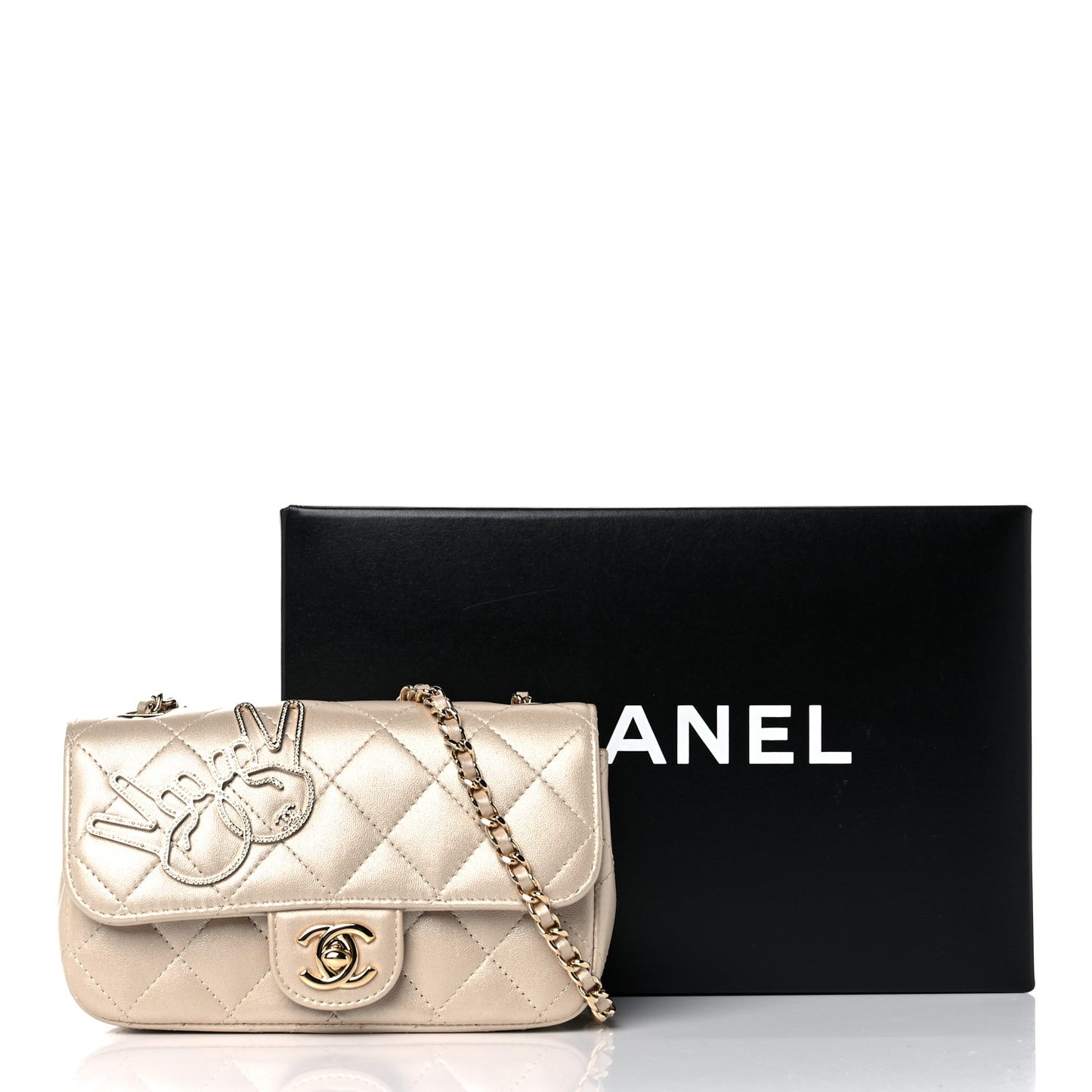 Metallic Lambskin Quilted Extra Mini V For Victory Flap Light Gold