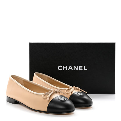 Chanel Lambskin Cap Toe CC Ballerina Flats 37 Beige Black 9 of 9