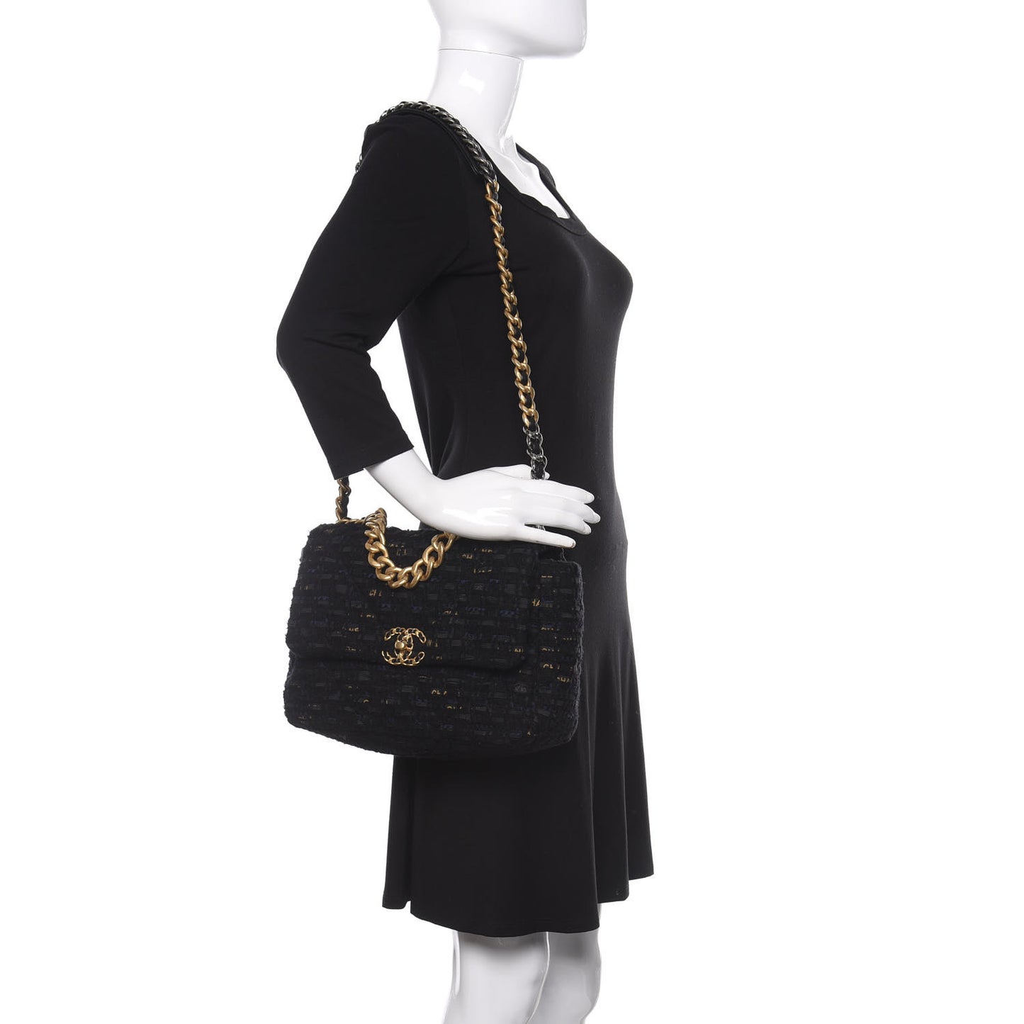 Tweed Quilted Large Chanel 19 Flap Black Navy Gold