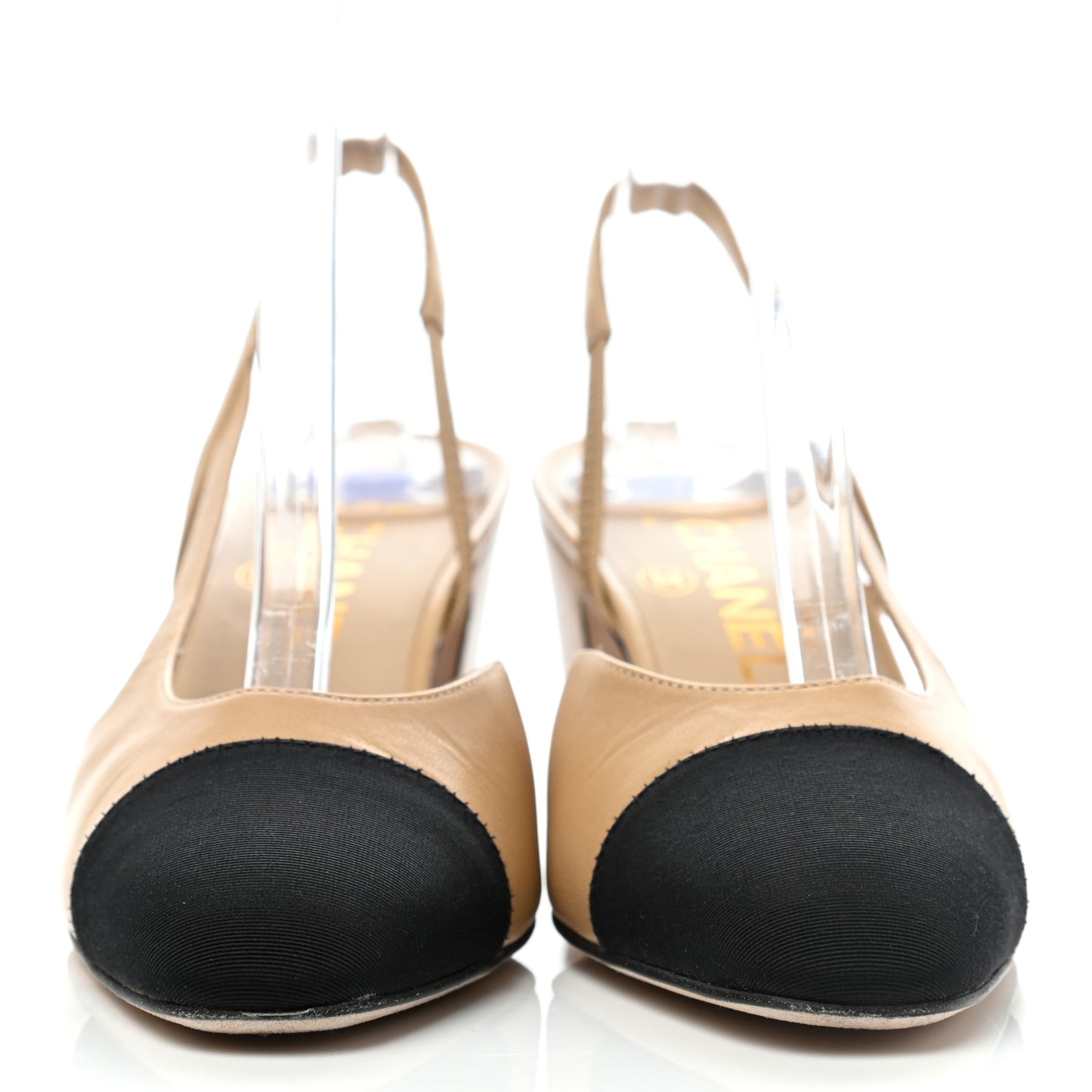 Goatskin Grosgrain Cap Toe CC Slingback Pumps 37 Beige Black