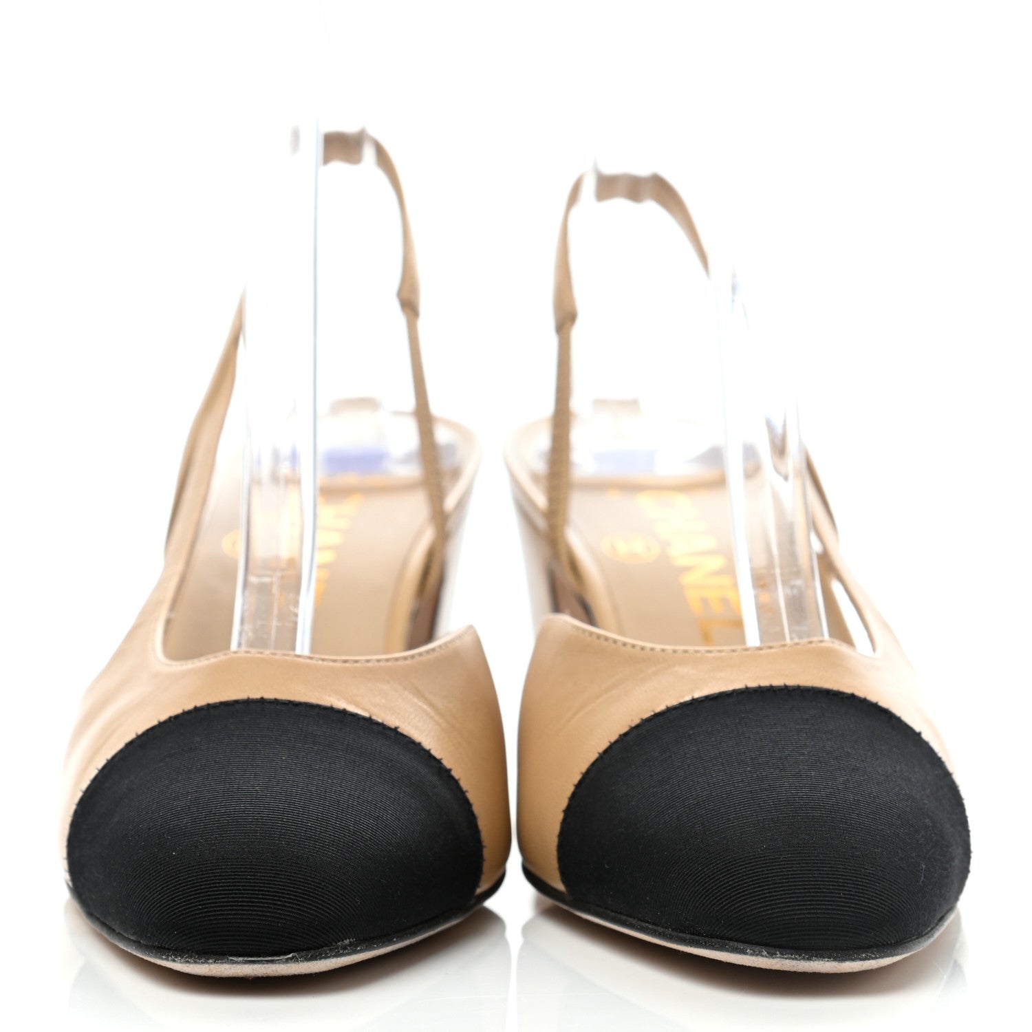 Chanel Goatskin Grosgrain Cap Toe CC Slingback Pumps 37 Beige Black 2 of 7
