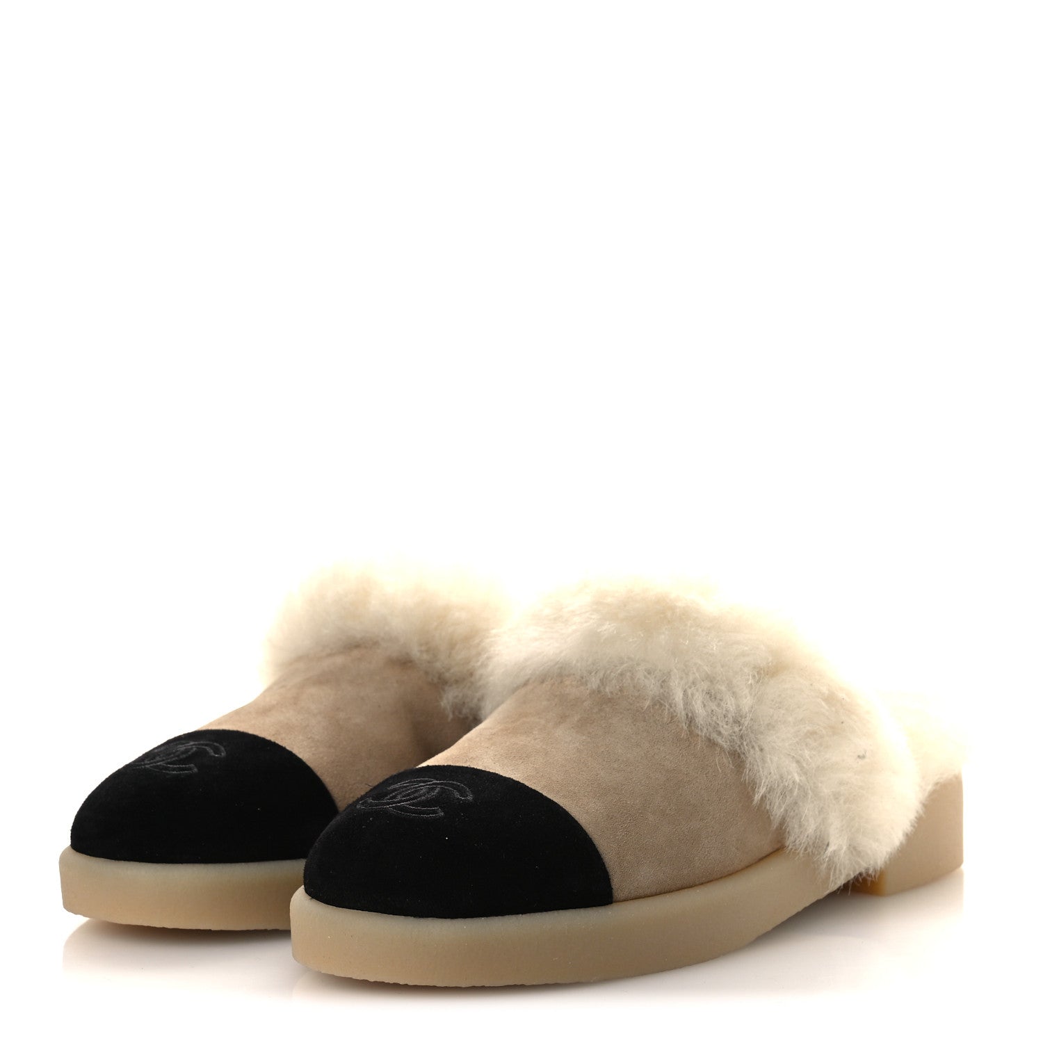 Chanel Suede Shearling CC Cap Toe Mules 39 Beige Black 4 of 10