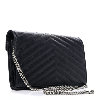 Saint Laurent Grain De Poudre Matelasse Chevron Monogram Chain Wallet Black 2 of 4