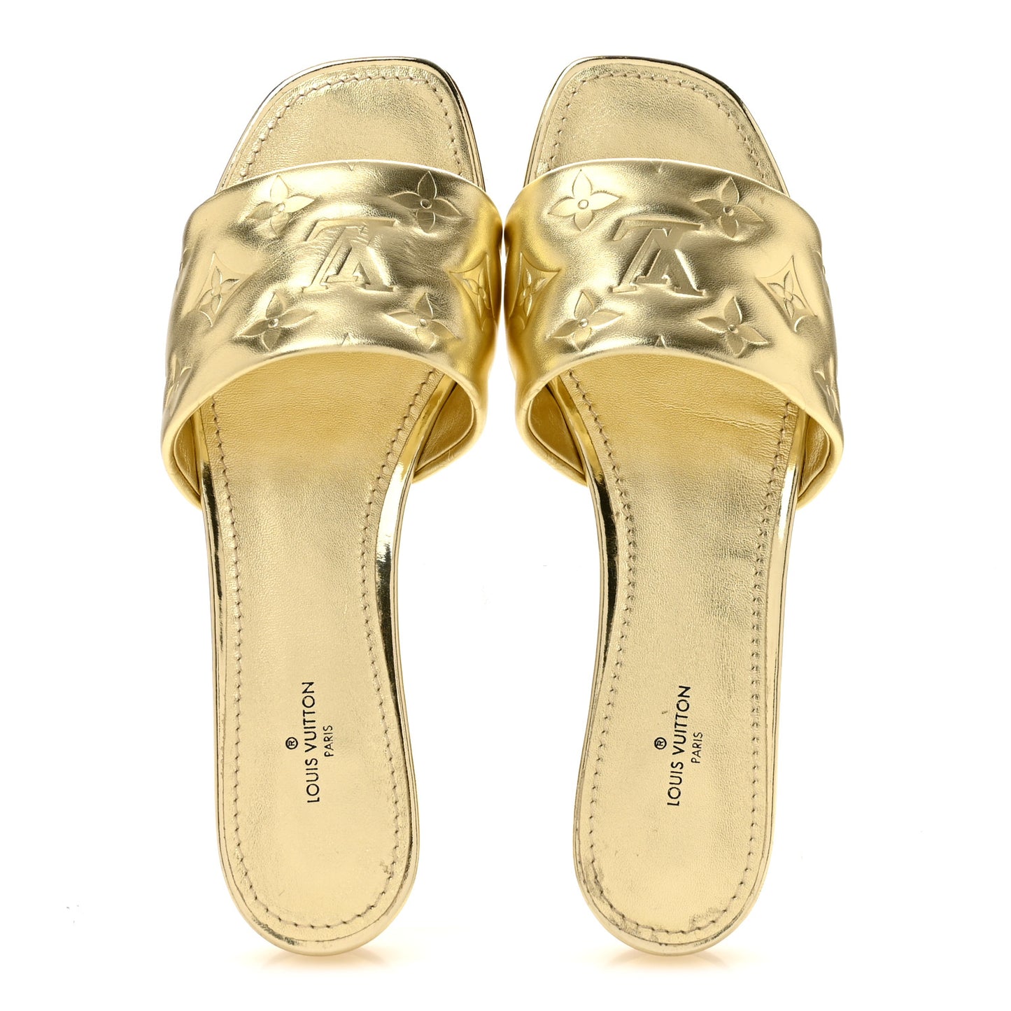 Metallic Lambskin Embossed Monogram Revival Flat Mules 38 Gold