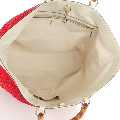 Gucci Straw Calfskin Bamboo Shopper Tote Raspberry 5 of 7